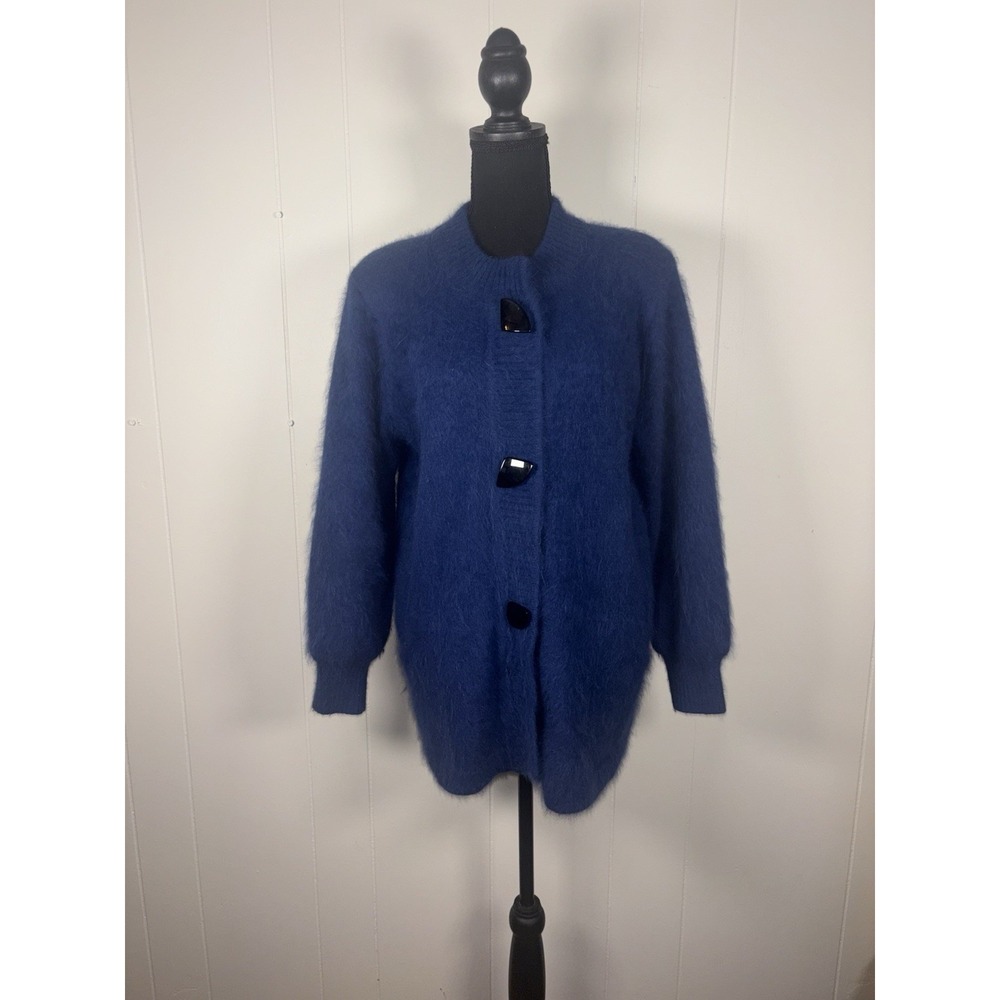 80% Angora Fuzzy Vintage VENESHA Blue Lined Sweater Coat S Sweater‎ Button